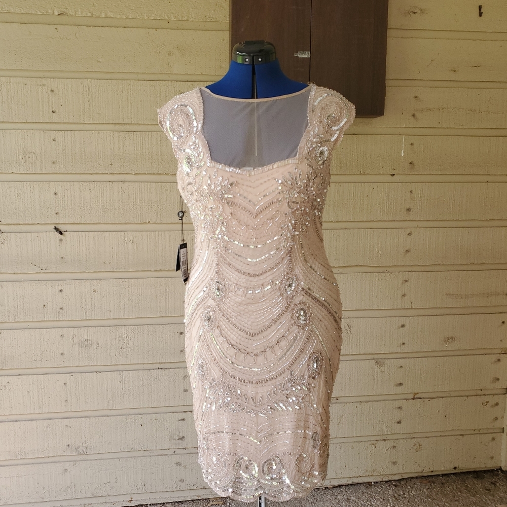 Champagne Beaded Adrianna Papell Cocktail Dress